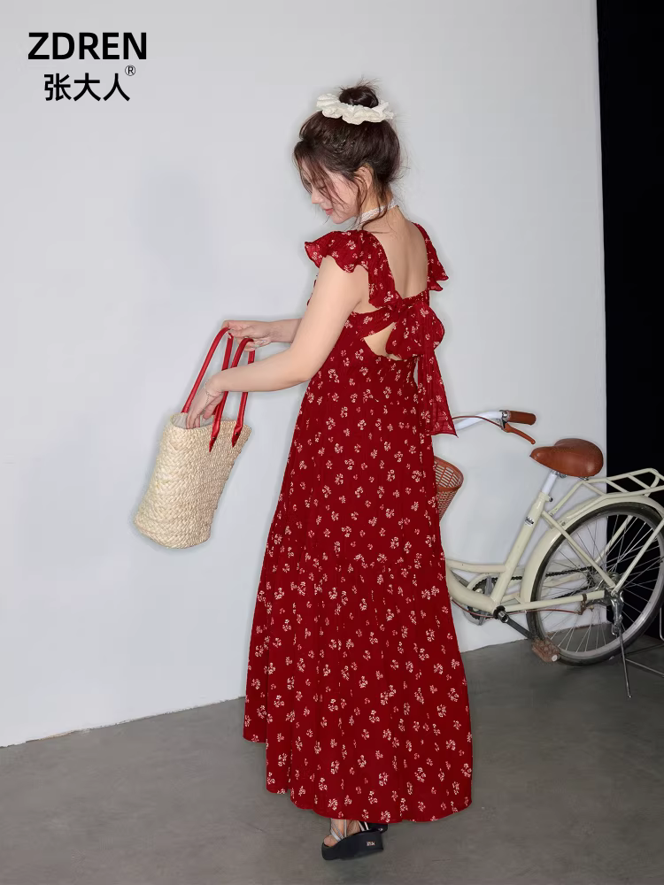 Quần áo nữ cỡ lớn dành cho người lớn, phụ nữ hơi mũm mĩm, váy tay bồng tôn dáng, phong cách nhẹ nhàng, váy hoa đi nghỉ màu đỏ Ancora.