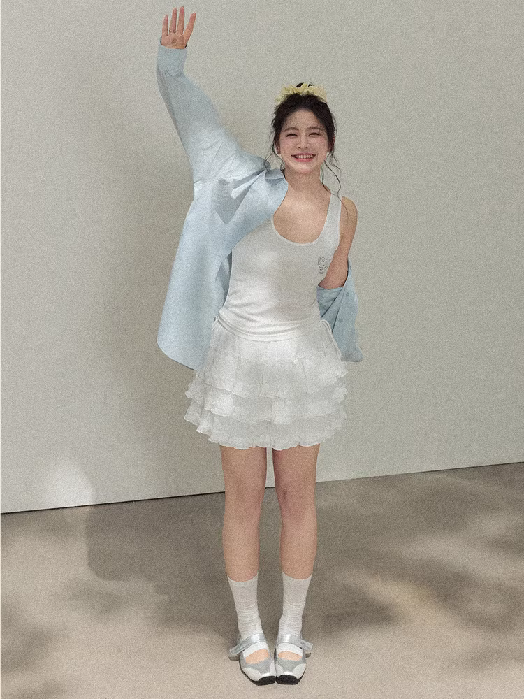 Quần áo nữ cỡ lớn dành cho người lớn, váy kiểu công chúa màu trắng tinh khiết, áo sơ mi màu xanh da trời, trang phục dopamine, bộ giảm béo.