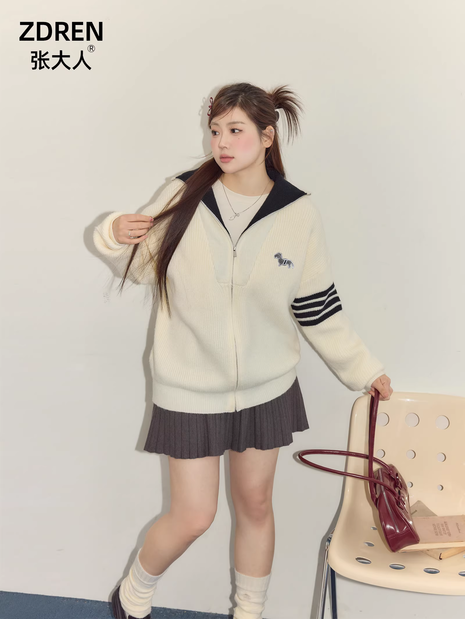 Quần áo nữ cỡ lớn dành cho người lớn, trang phục trẻ trung, bộ đồ mùa đông hoàn chỉnh với áo len cardigan có khóa kéo và bộ váy tôn dáng.