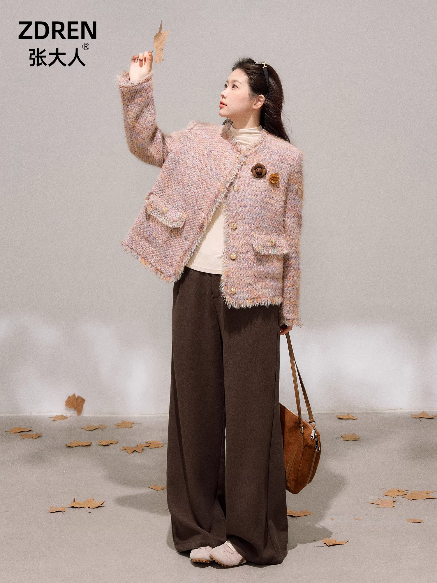 Bộ quần áo nữ cỡ lớn dành cho người lớn, phong cách Hàn Quốc, kiểu dáng thon gọn, thanh lịch, áo khoác tweed dệt nhiều màu và quần thường.