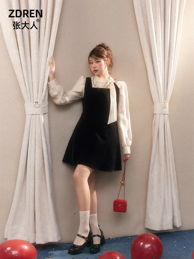 Bộ váy đen dài tay, kiểu dáng ôm eo, giảm tuổi tác, có dây đeo, dành cho phụ nữ, thích hợp cho các buổi họp mặt thường niên.