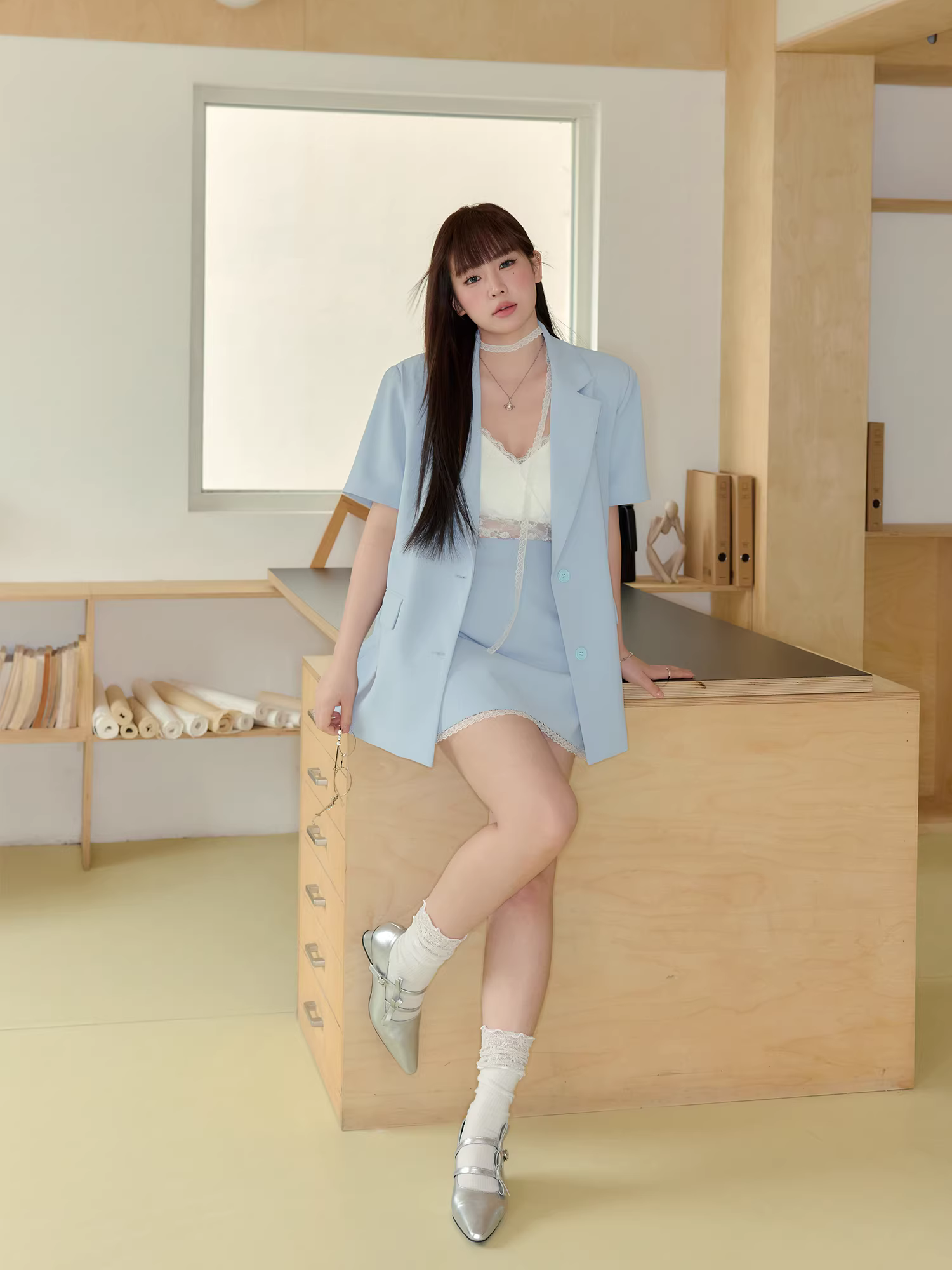 Quần áo nữ cỡ lớn dành cho người lớn, bộ vest màu xanh, áo khoác dáng rộng thời trang, chân váy công sở mùa hè.