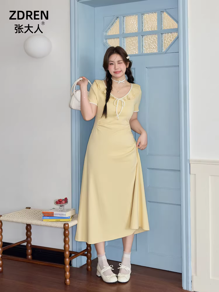 Quần áo nữ cỡ lớn mùa hè 2025 của Zhang Daren dành cho các cô gái mũm mĩm, đầm tôn dáng, đầm dài phong cách retro dopamine.