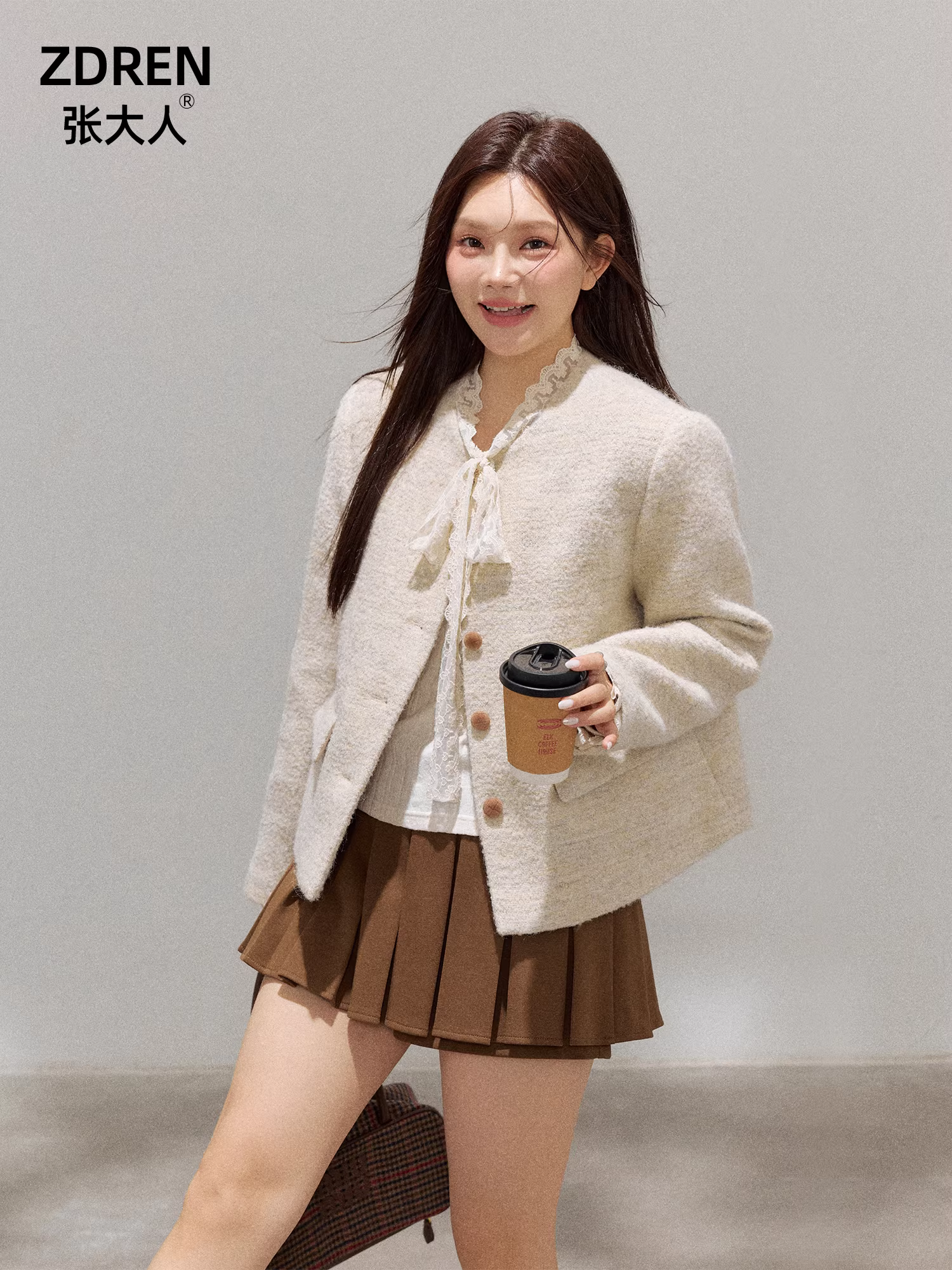 Bộ quần áo len dáng dài thanh lịch, màu cà phê, dành cho phụ nữ mũm mĩm, mùa thu đông, giúp thon gọn vóc dáng.