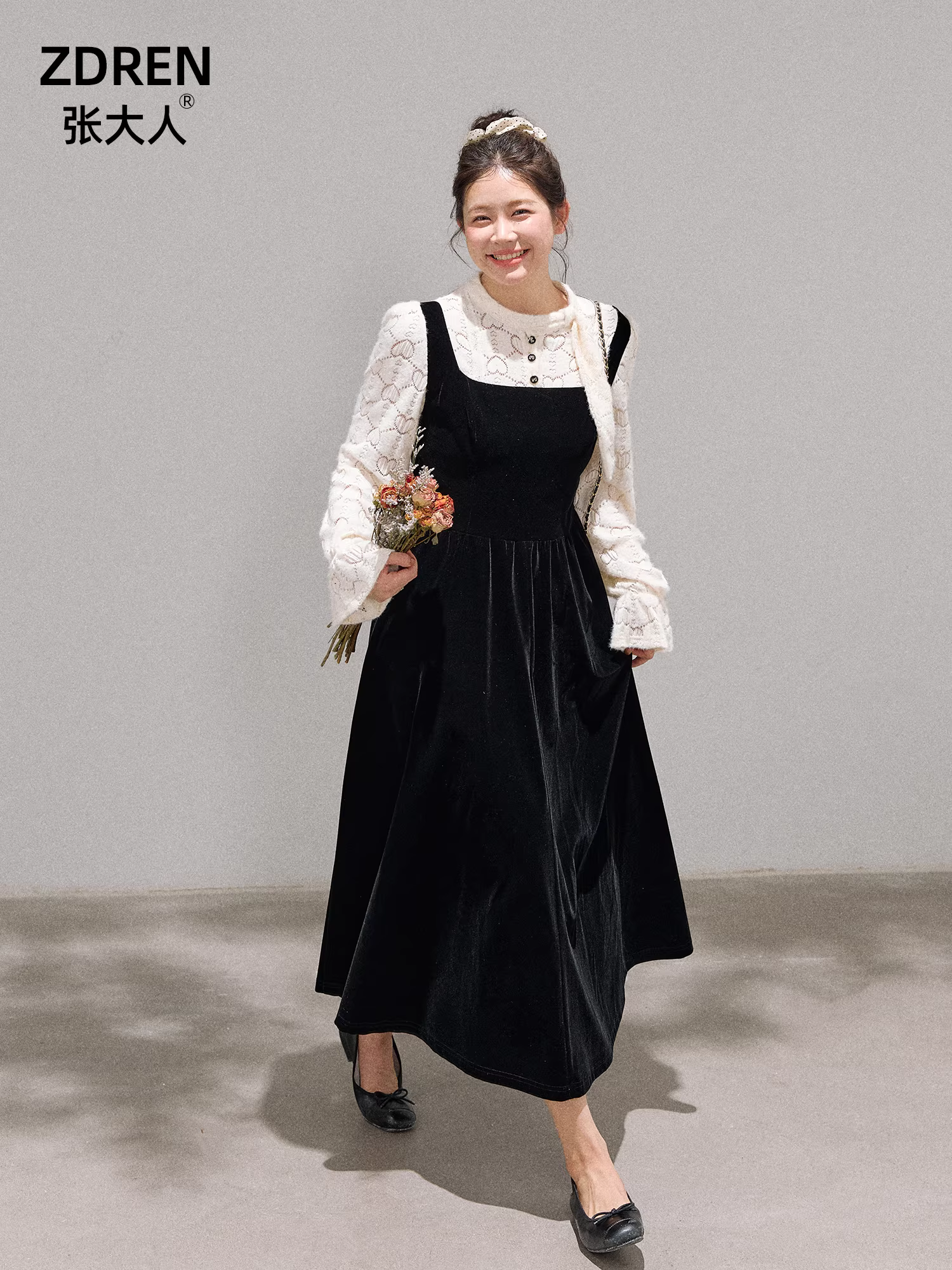 Quần áo nữ cỡ lớn dành cho người lớn, váy giả hai mảnh dáng đẹp, tôn dáng mùa thu đông, váy nhung phối màu kiểu dây đeo.