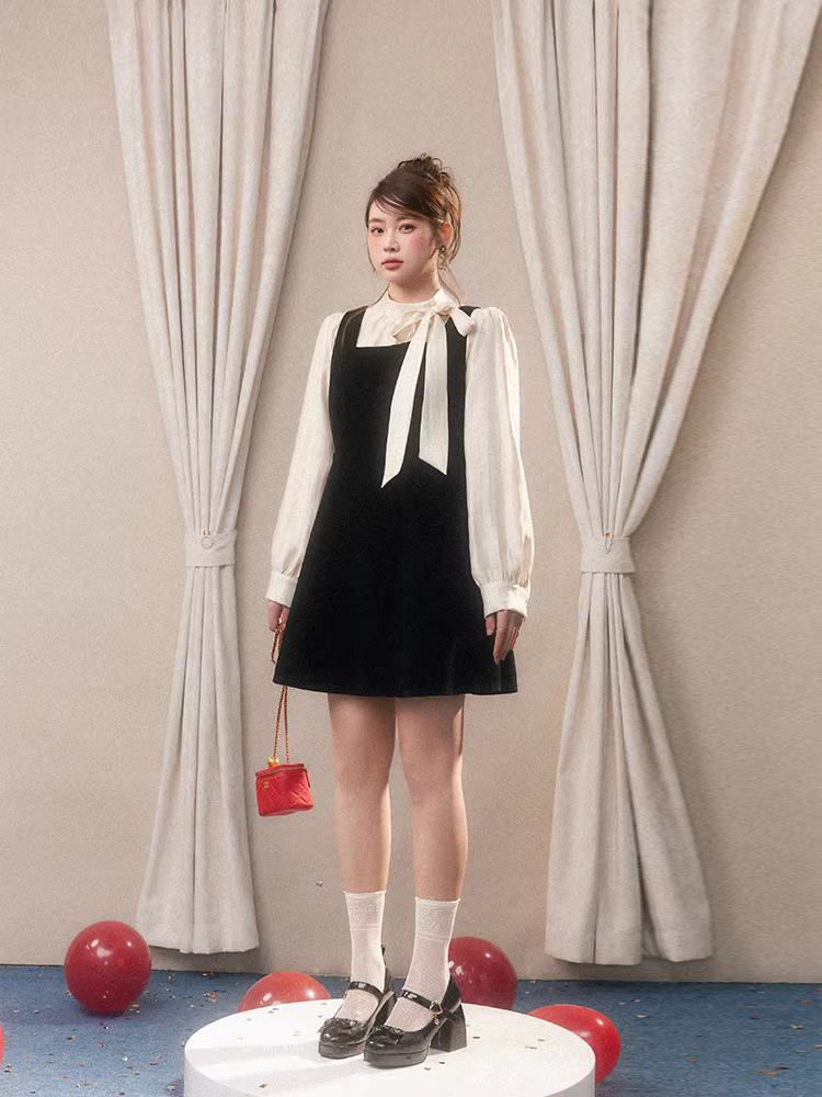 Bộ váy đen dài tay, kiểu dáng ôm eo, giảm tuổi tác, có dây đeo, dành cho phụ nữ, thích hợp cho các buổi họp mặt thường niên.