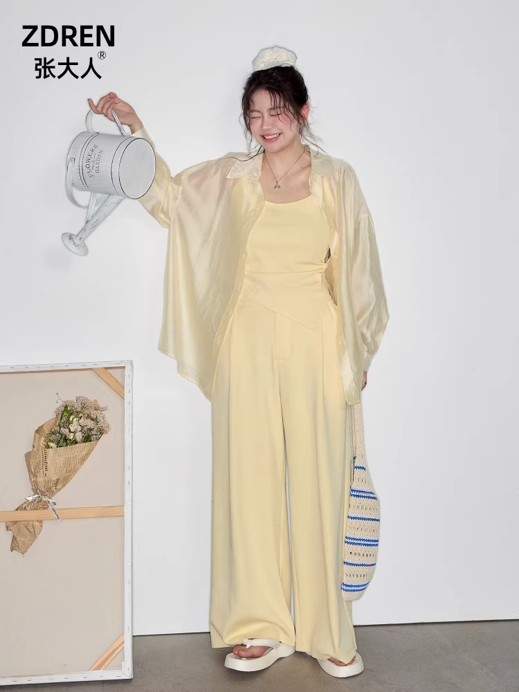 Quần áo nữ cỡ lớn dành cho người lớn, trang phục giảm béo cho các cô gái mũm mĩm, áo sơ mi mỏng thoải mái phong cách Hàn Quốc, dáng quả lê, quần ống rộng