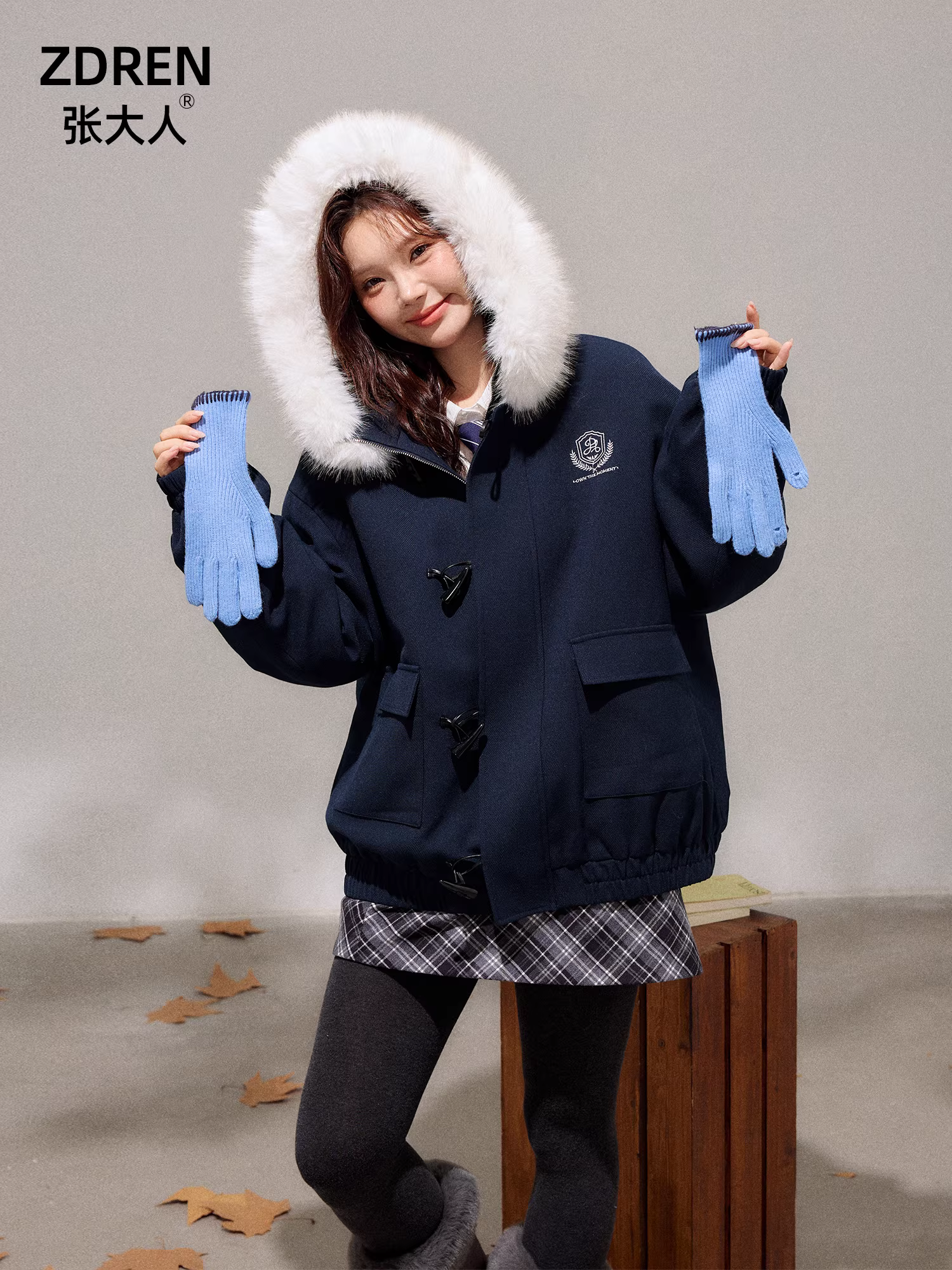 Bộ quần áo nữ cỡ lớn dành cho người lớn, áo khoác và chân váy phối lông dày dặn, kiểu dáng học sinh, có lớp lót bông.