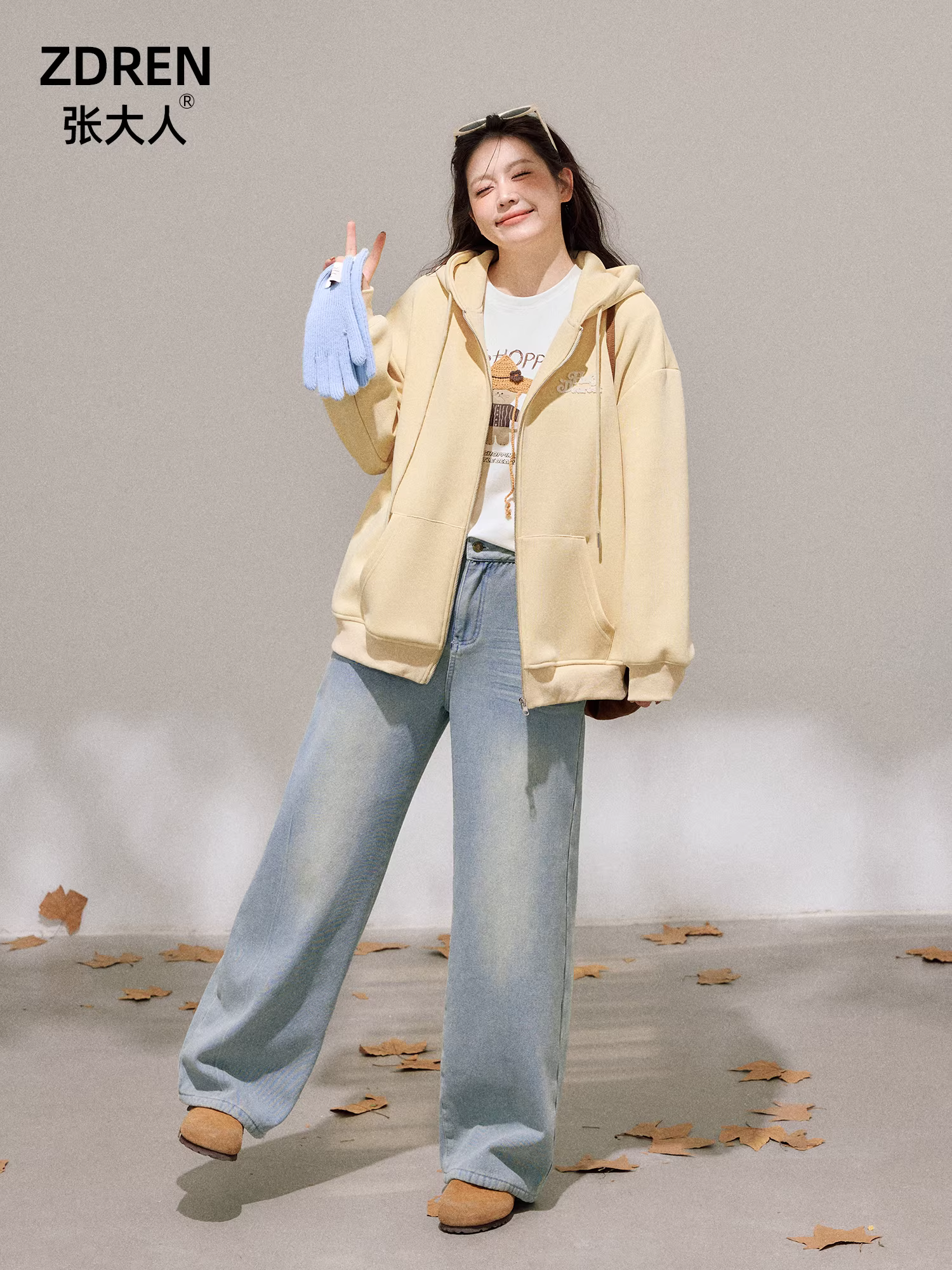 Bộ quần áo nữ cỡ lớn dành cho người lớn, phong cách Hàn Quốc, mùa đông, kiểu dáng suông, màu vàng chanh, gồm áo sweatshirt và quần jeans.