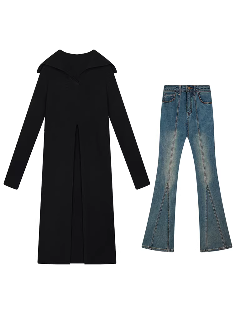 Bộ trang phục mùa xuân cho nữ cỡ lớn với thiết kế tôn dáng và thời trang, gồm quần jean và áo len đen.