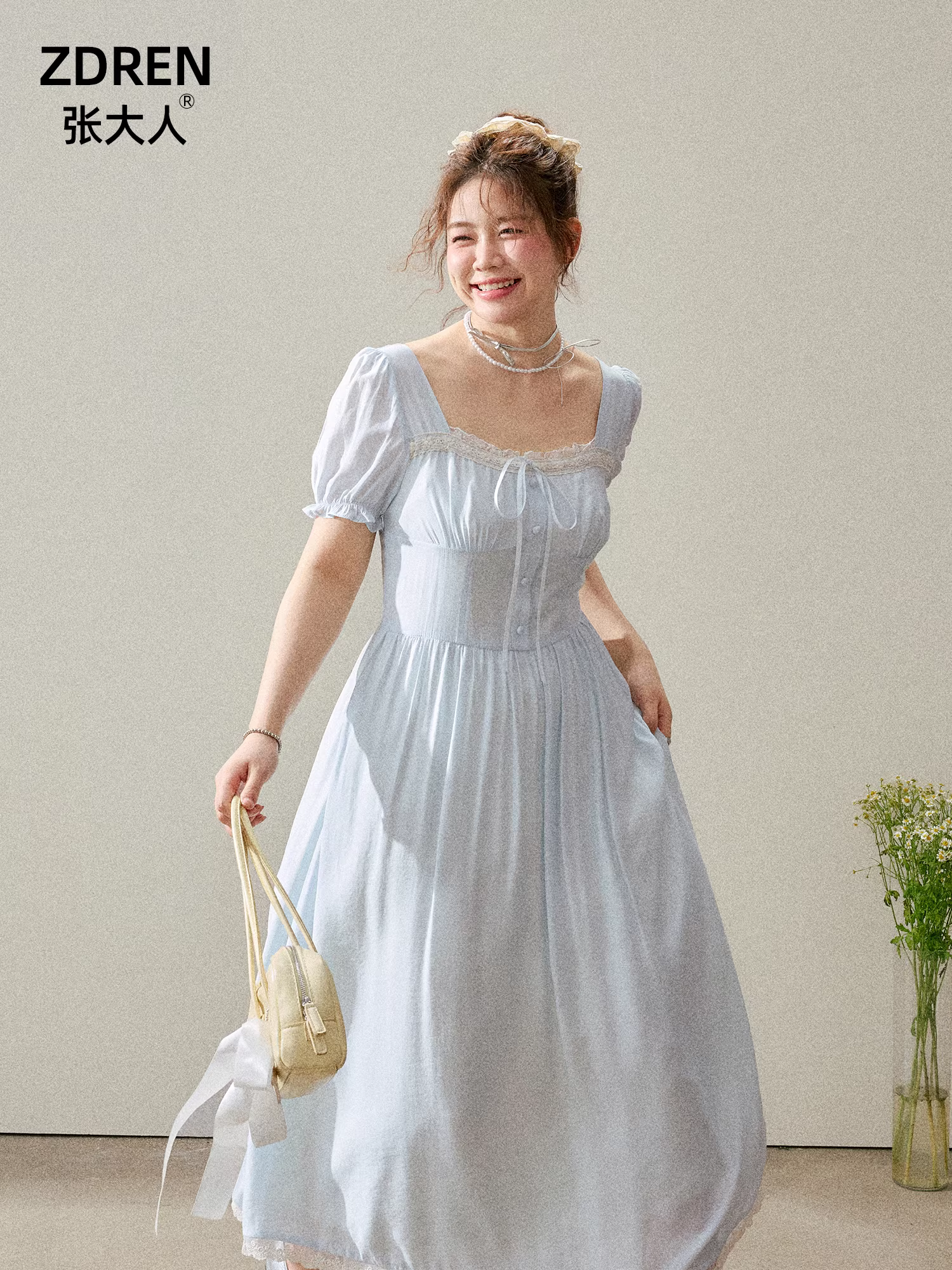 Quần áo nữ cỡ lớn dành cho người lớn, váy mới tôn dáng và thanh lịch, váy chữ A màu xanh kiểu Pháp.