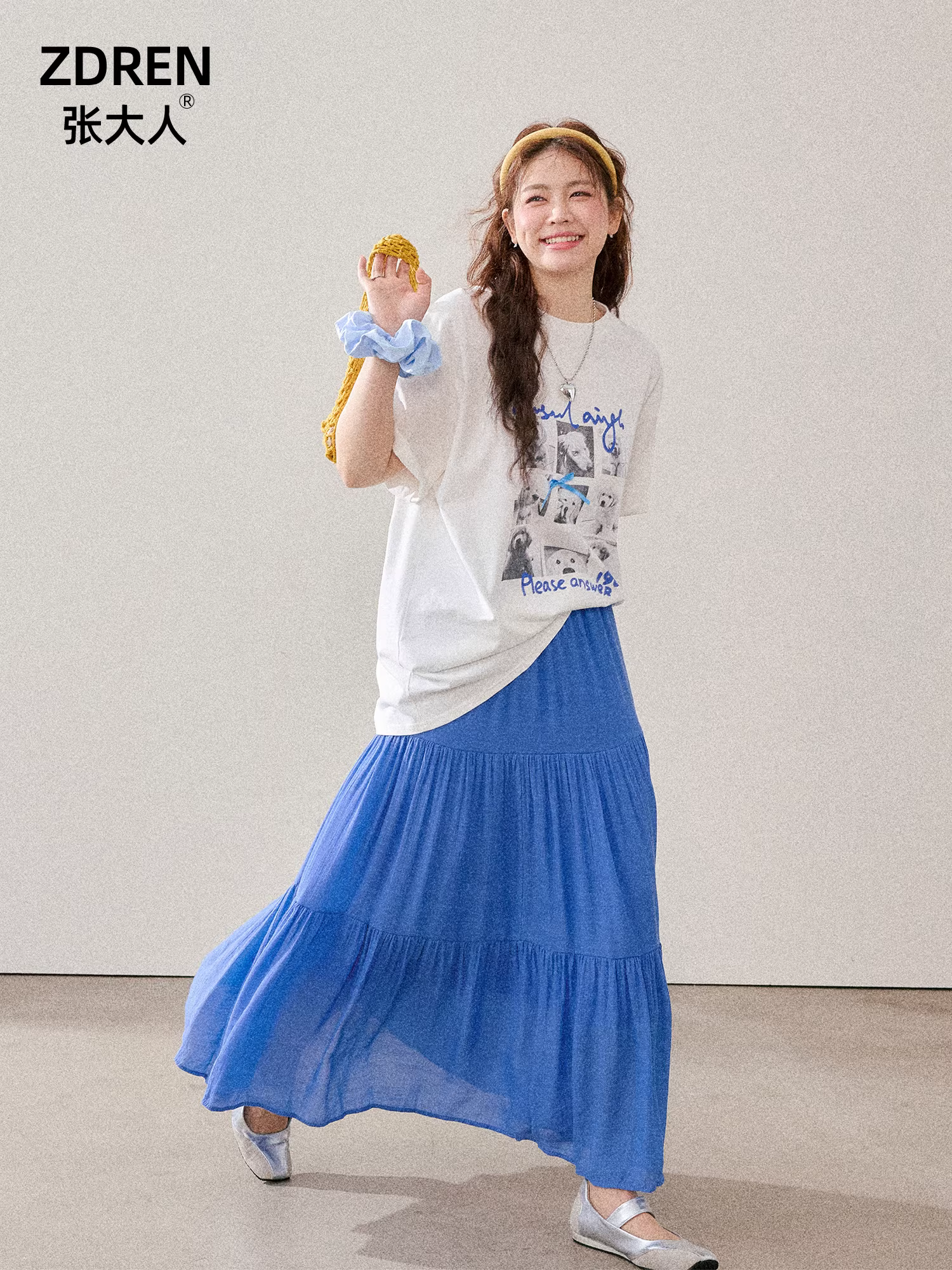 Quần áo nữ cỡ lớn dành cho người lớn, trang phục giảm béo cho các cô gái mũm mĩm, bộ đồ dễ mặc, áo thun rộng, váy xanh