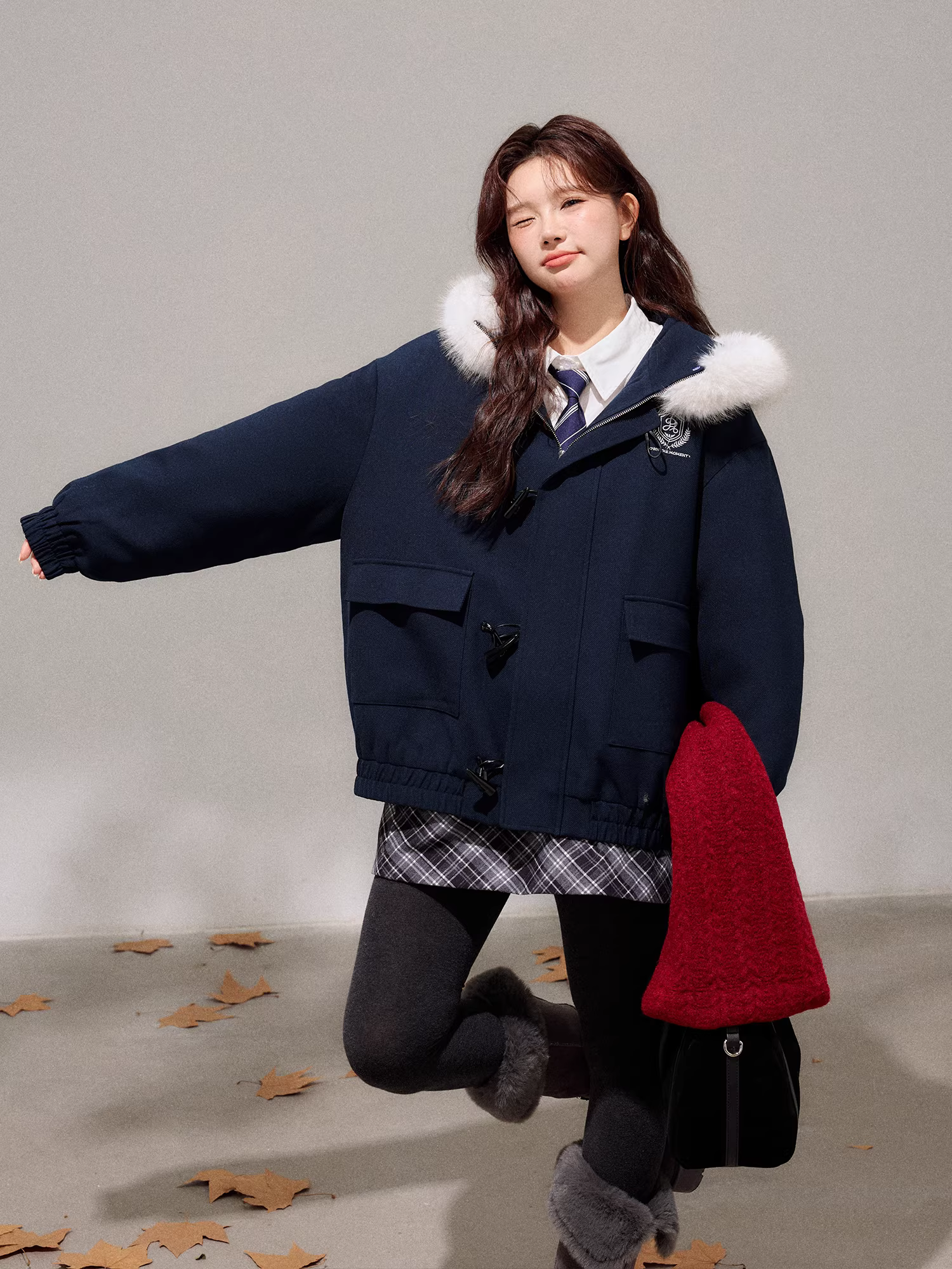 Bộ quần áo nữ cỡ lớn dành cho người lớn, áo khoác và chân váy phối lông dày dặn, kiểu dáng học sinh, có lớp lót bông.
