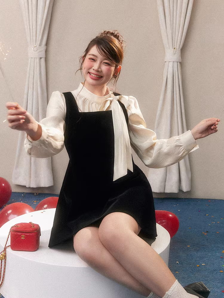 Bộ váy đen dài tay, kiểu dáng ôm eo, giảm tuổi tác, có dây đeo, dành cho phụ nữ, thích hợp cho các buổi họp mặt thường niên.