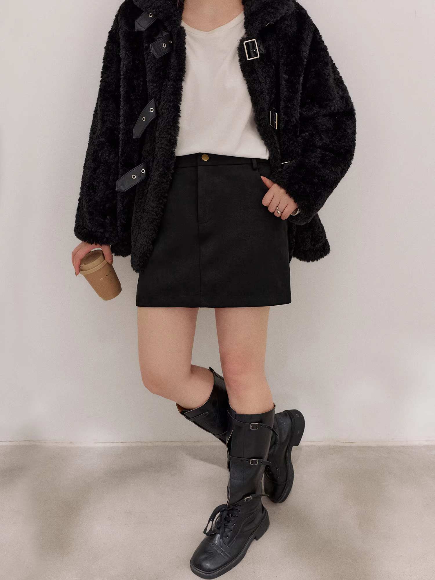 Bộ áo khoác và váy len cừu màu đen thanh lịch, dáng ôm, mùa đông dành cho phụ nữ cỡ lớn, dành cho các cô gái mũm mĩm.