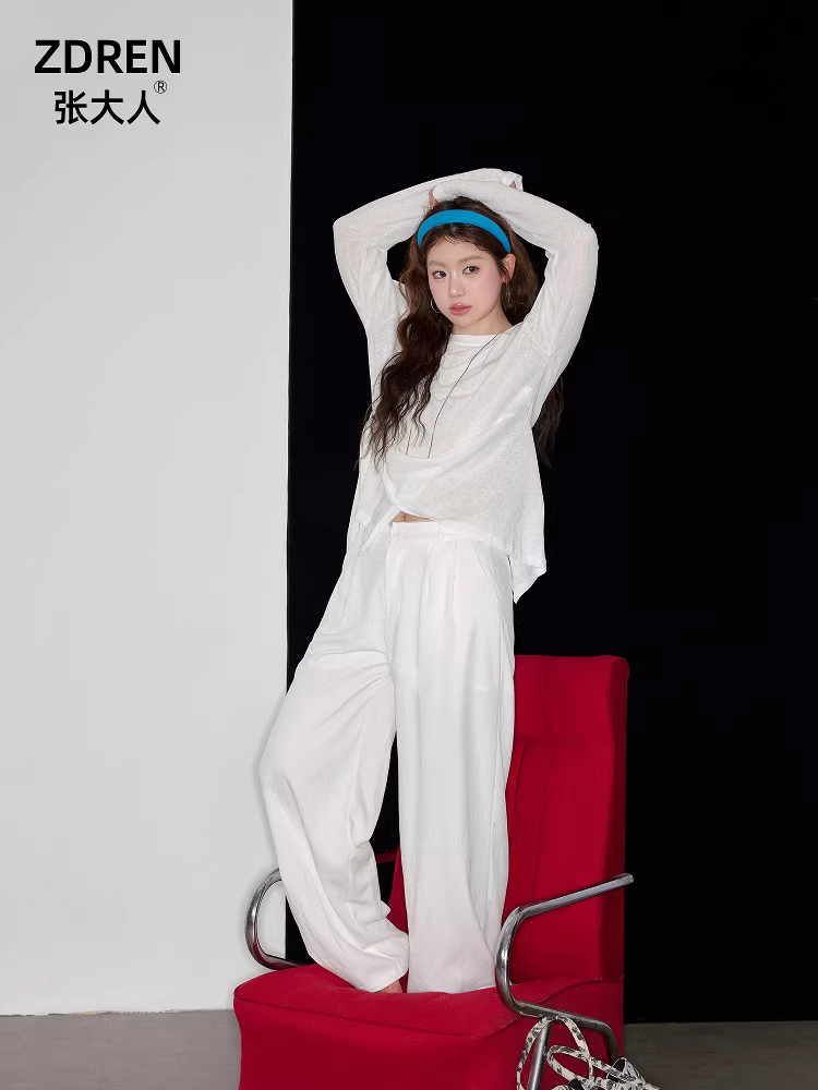 Zhang Daren Phong cách Hàn Quốc, phong cách lười biếng, sang trọng, quần áo cỡ lớn dành cho phụ nữ có thân hình hơi mũm mĩm, trang phục giúp thon gọn, áo sơ mi trắng thời trang với quần ống rộng xếp nếp.