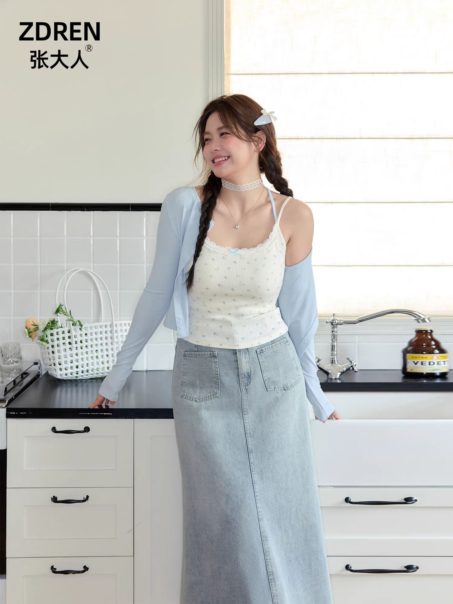 Zhang Daren 2025 - Quần áo nữ cỡ lớn dành cho các cô gái mũm mĩm, bộ đồ tôn dáng, áo cardigan phong cách Hàn Quốc với chân váy denim đuôi cá