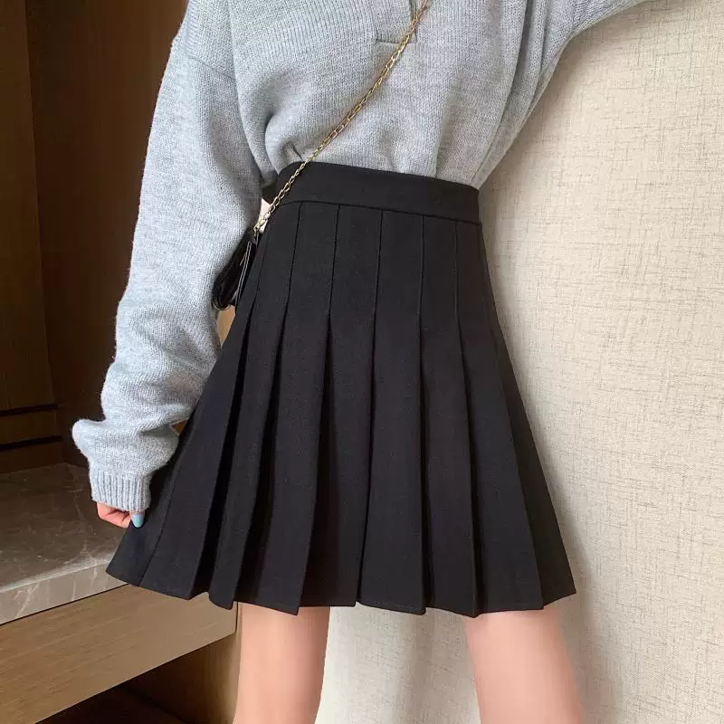 Váy len xếp ly màu đen cỡ lớn, dài vừa phải, mùa thu đông 2021 dành cho nữ, váy lưng cao dành cho phụ nữ mũm mĩm, váy chữ A thon gọn.