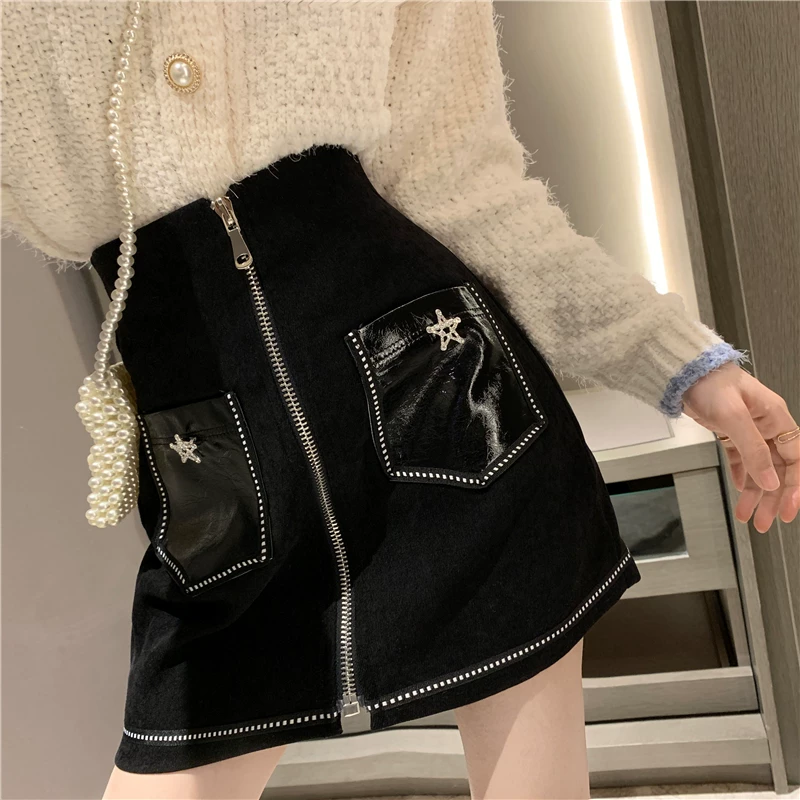 Váy ngắn một mảnh màu đen cỡ lớn dành cho nữ, mùa thu đông, lưng cao, thon gọn, có khóa kéo, váy bút chì, váy chữ A ôm hông.