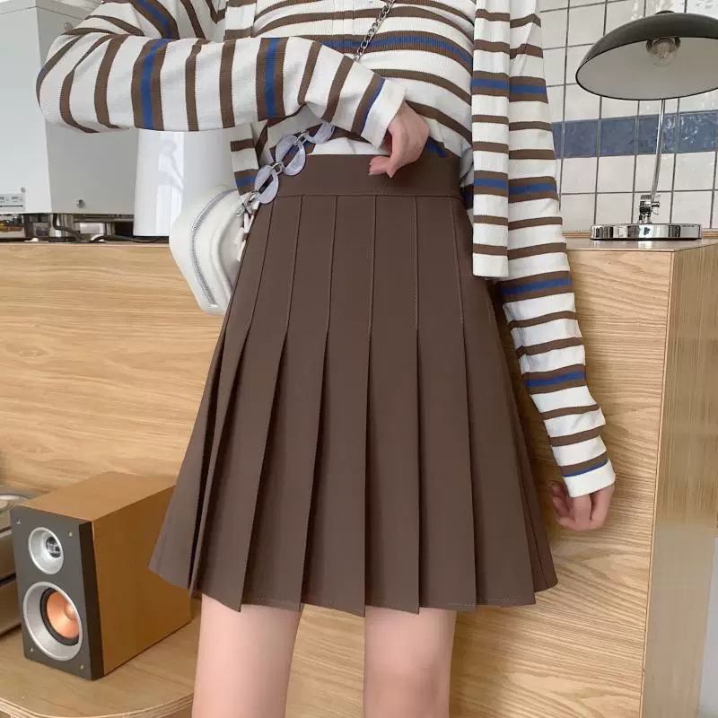 Váy xếp ly màu cà phê mùa thu đông dành cho nữ, váy ngắn che hông cạp cao cỡ lớn, váy chữ A thon gọn dành cho phụ nữ cỡ lớn, váy nửa thân màu xám chống lộ.