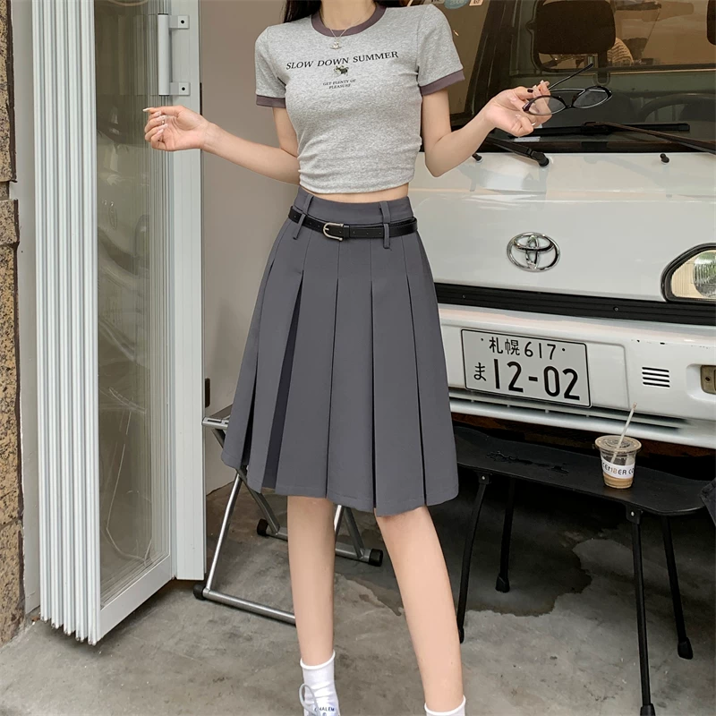 Bộ vest màu xám cỡ lớn với chân váy dài trung bình dành cho nữ, thiết kế mùa hè, chân váy chữ A độc đáo, chân váy xếp ly cao eo.