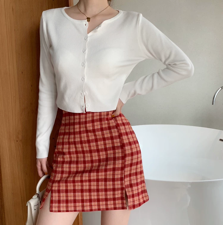 Váy kẻ sọc đỏ cạp cao kiểu retro cỡ lớn dành cho nữ trong mùa hè, váy bút chì dáng chữ A xẻ tà kép tôn dáng dành cho phụ nữ có đường cong.