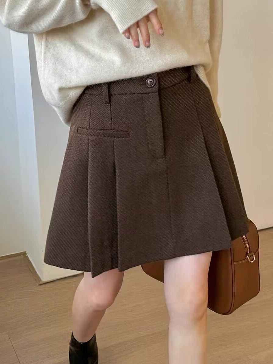 Váy len dày màu xám xếp ly váy ngắn dành cho nữ mùa thu đông cỡ lớn eo cao phong cách preppy Váy chữ A chống lộ váy nửa thân