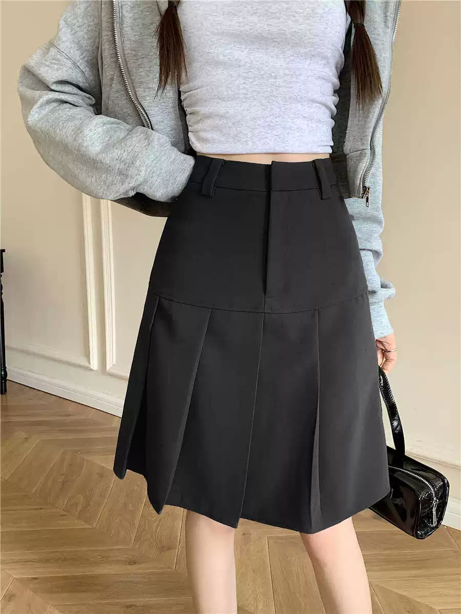 Váy midi xếp ly màu xám dành cho người nhỏ nhắn, thiết kế sành điệu, mùa xuân hè, cỡ lớn, lưng cao, tôn dáng, kiểu dáng preppy, váy chữ A.