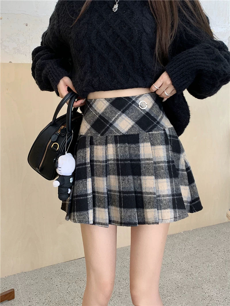 Váy len kẻ sọc đỏ cổ điển kiểu Mỹ dành cho nữ trong mùa thu đông, váy chữ A cạp cao tôn dáng, váy che hông, váy ngắn