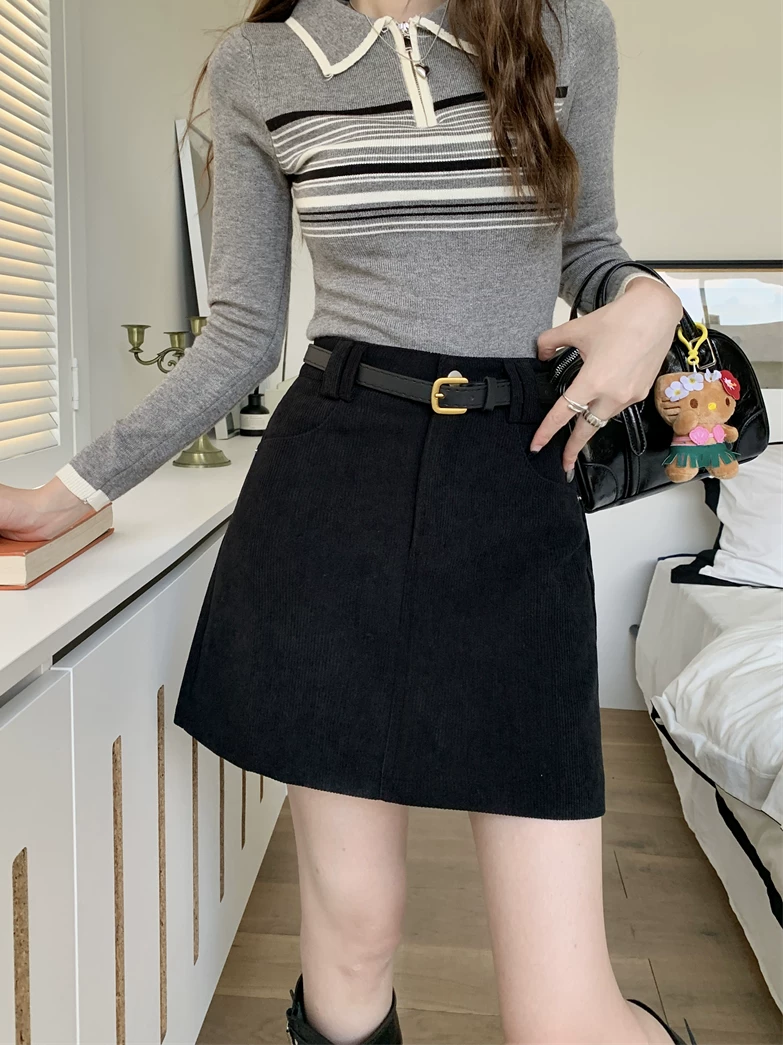 Váy nhung màu cà phê mùa thu đông dành cho nữ, váy cỡ nhỏ, thiết kế lưng cao, váy ôm dáng chữ A.