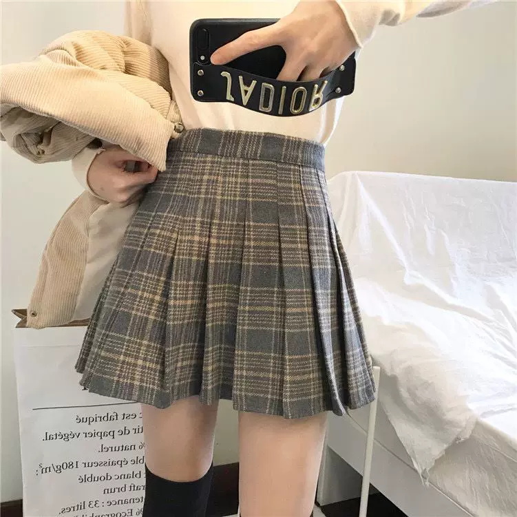 Váy len kẻ sọc kaki xếp ly váy ngắn dành cho nữ mùa thu đông cỡ lớn váy chữ A lưng cao váy phong cách preppy váy chống lộ