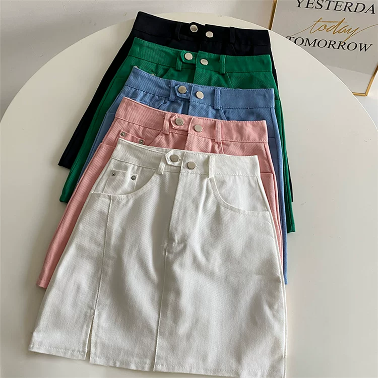 Váy denim mini xẻ tà cỡ lớn dành cho nữ, mùa hè, lưng cao, váy chữ A mỏng, tôn dáng, che hông, váy bút chì đa năng.