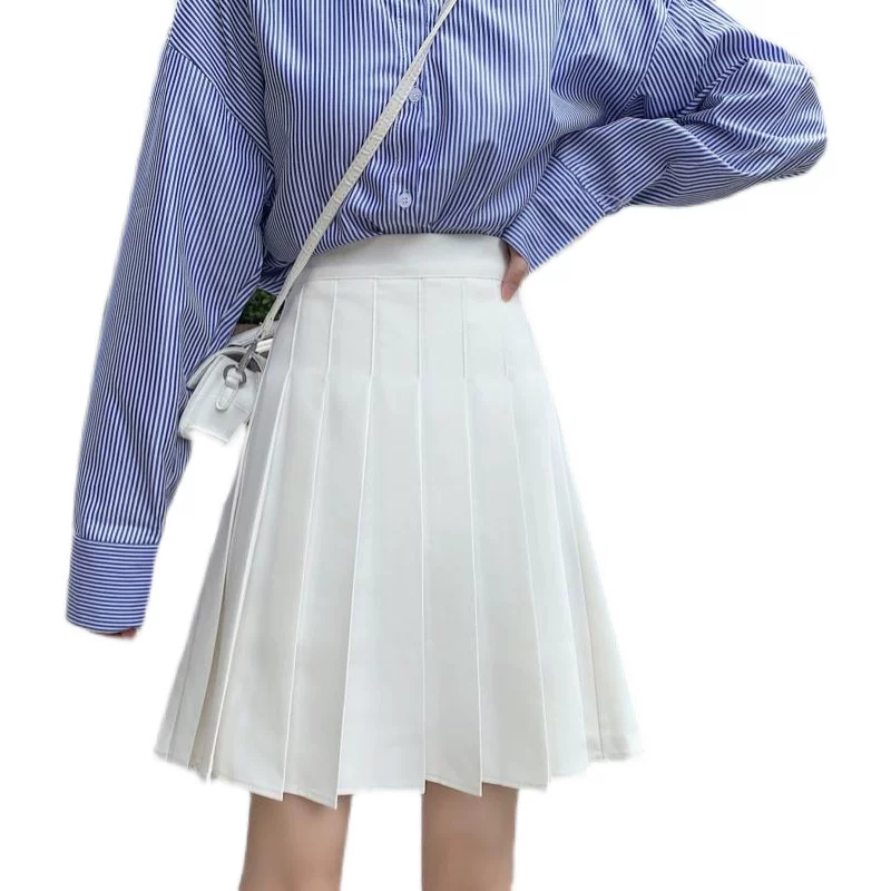 Váy xếp ly màu trắng, váy chữ A chống lộ cho nữ, dài vừa phải mùa hè, cỡ lớn, lưng cao, thon gọn, váy nửa thân phồng.