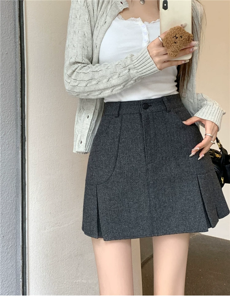 Váy len xếp ly màu xám dành cho nữ, váy nửa thân mùa thu đông, váy cạp cao che hông cỡ lớn, váy ngắn chữ A chống lộ tôn dáng