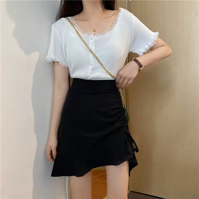 Váy cạp cao dáng bất quy tắc kiểu mới mùa hè che bụng, size lớn cho phụ nữ mũm mĩm, váy chữ A thon gọn có dây rút, quần váy ngắn cho nữ.