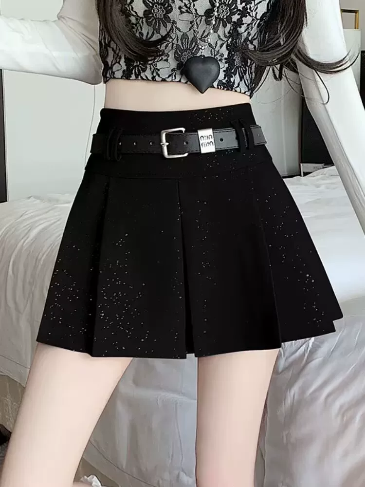 Váy xếp ly sequin màu xám cỡ lớn dành cho nữ, váy chữ A chống lộ eo cao, dáng ôm, mùa xuân hè, kiểu váy ngắn.