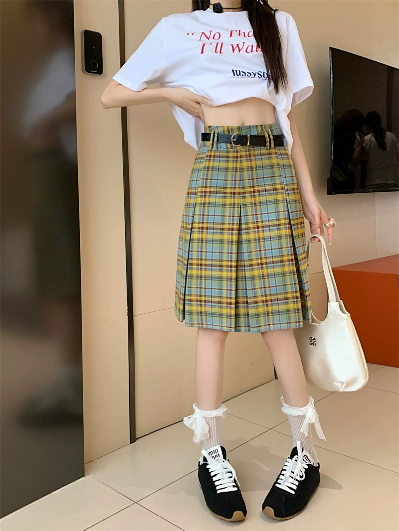 Váy xếp ly lưng cao phong cách preppy cỡ lớn, váy kẻ sọc xanh vàng mùa hè dành cho nữ, váy dài vừa vặn dáng chữ A giúp thon gọn