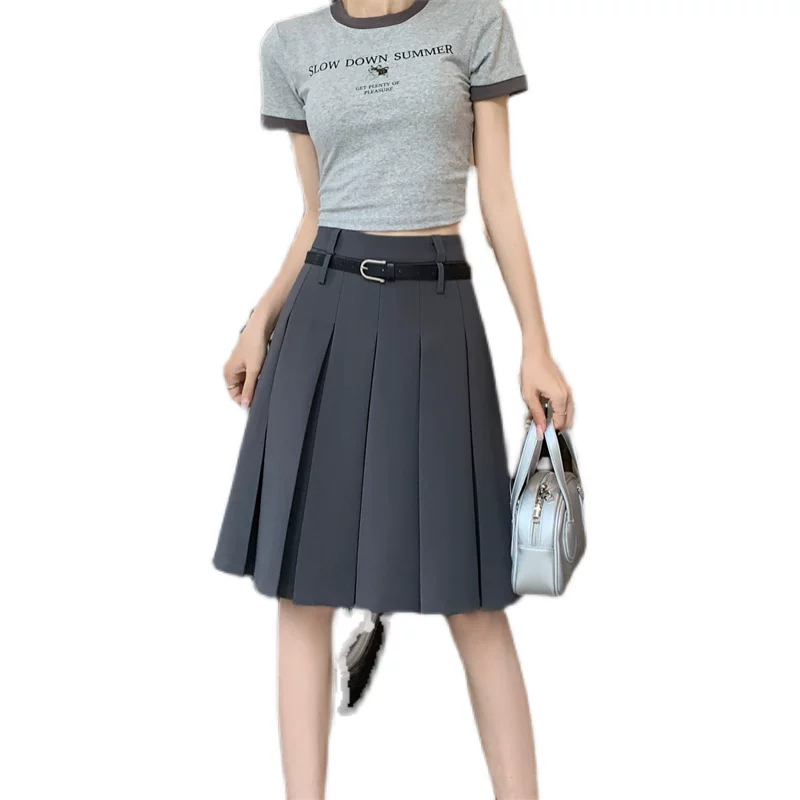 Bộ vest màu xám cỡ lớn với chân váy dài trung bình dành cho nữ, thiết kế mùa hè, chân váy chữ A độc đáo, chân váy xếp ly cao eo.