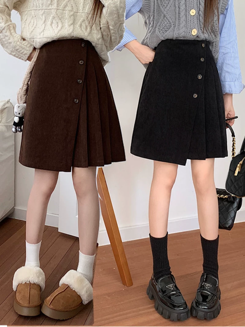 Váy xếp ly bằng vải nhung, dài vừa phải, cỡ lớn, váy ngắn bất đối xứng, váy chữ A che hông mùa thu đông, váy thiết kế dành cho nữ