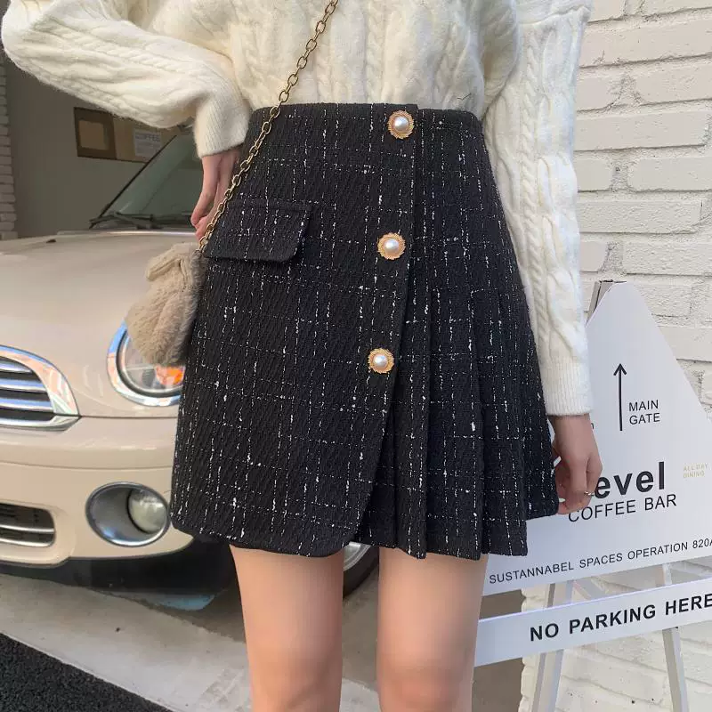 Váy xếp ly bằng vải tweed cỡ lớn dành cho nữ, thiết kế mùa đông, váy ngắn dành cho phụ nữ cỡ lớn, váy bút chì kẻ sọc lưng cao, váy chữ A.