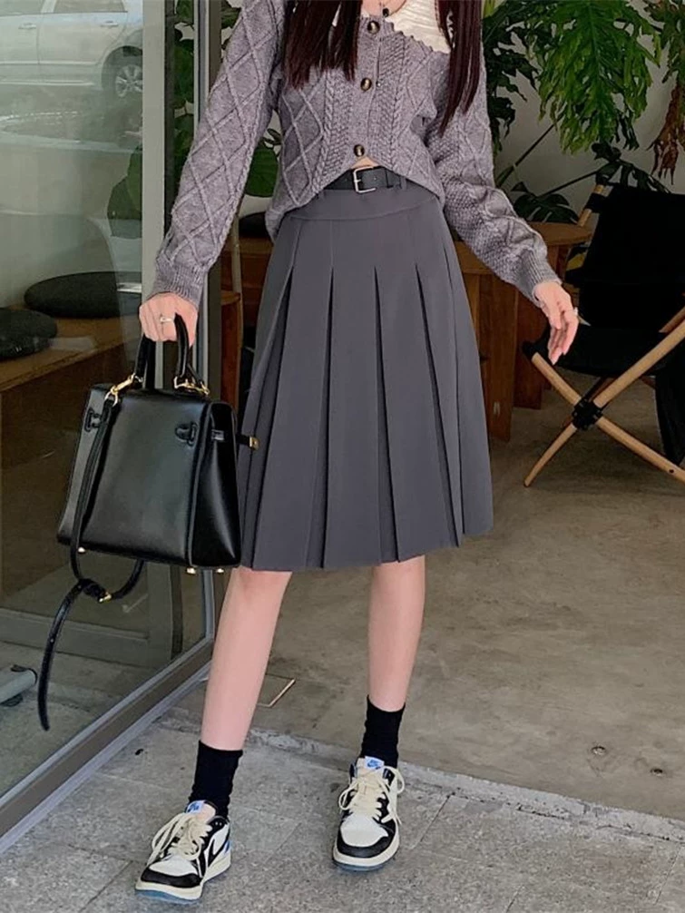 Váy xếp ly váy midi nữ cỡ lớn váy phong cách preppy mùa xuân hè 2023 váy chữ A che hông váy cao cấp màu xám