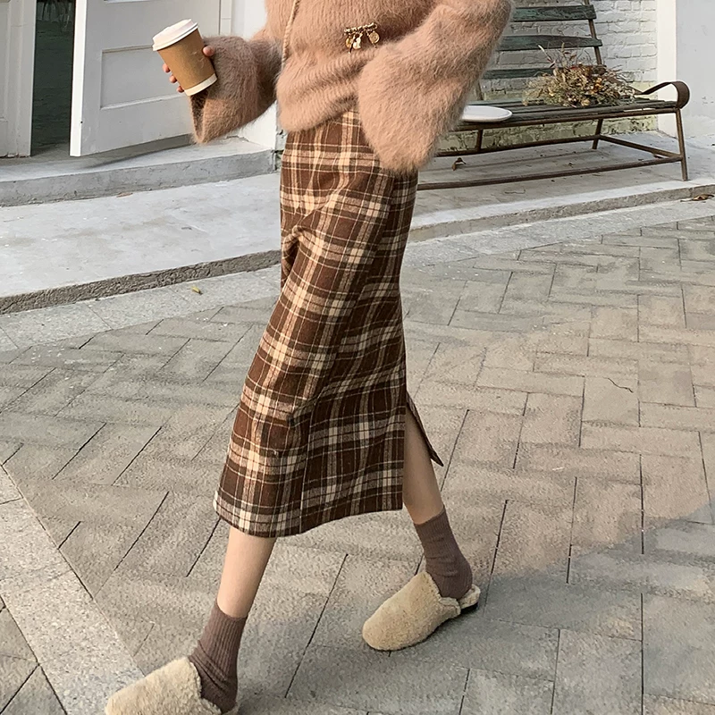 Váy midi len cỡ lớn dành cho nữ, mùa thu đông, cạp cao, xẻ tà, tôn dáng, dáng chữ A, kẻ sọc, kiểu bút chì.