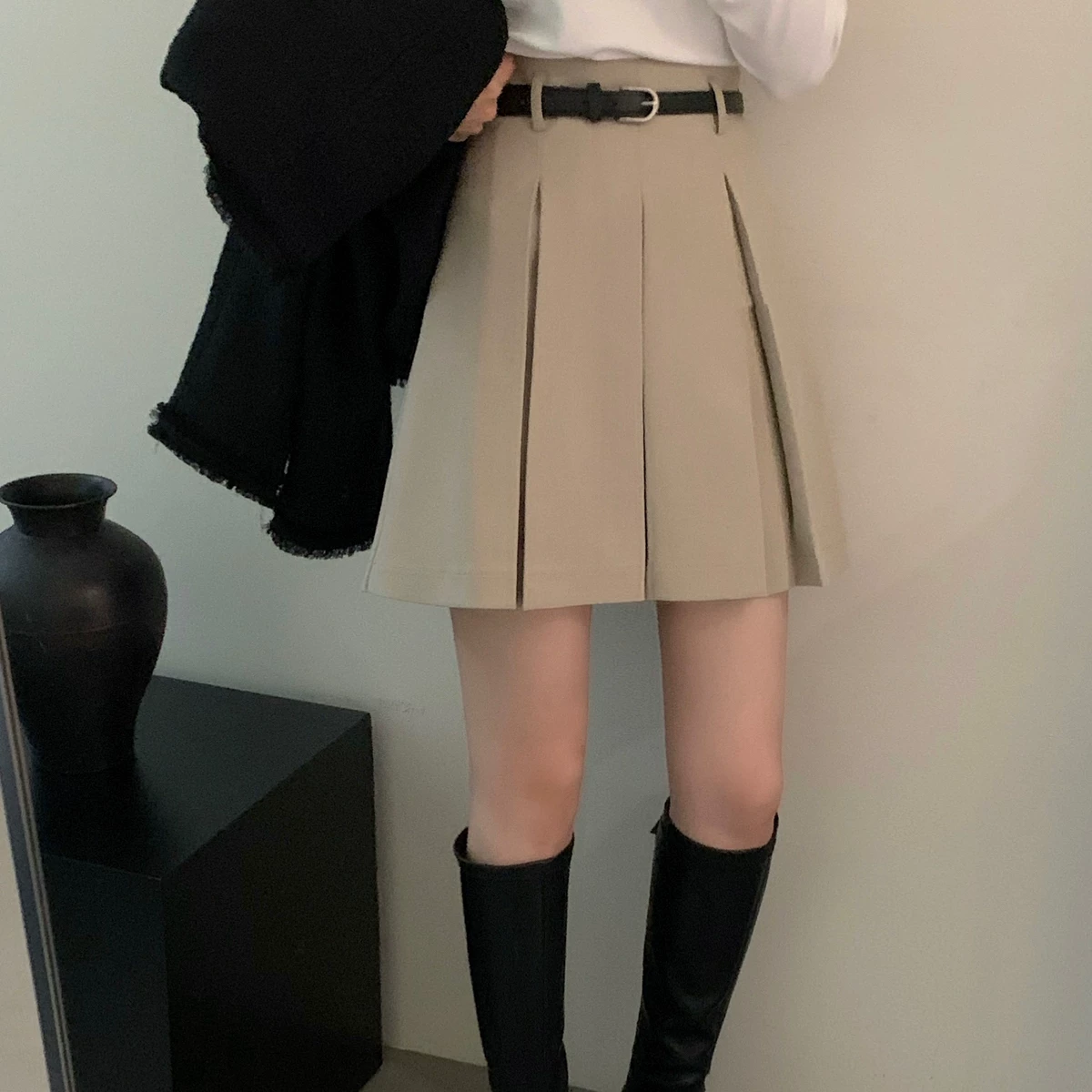 Váy xếp ly cỡ lớn dành cho nữ, tôn dáng, phong cách preppy, kiểu váy công sở, hơi mũm mĩm, lưng cao, váy mini chữ A hợp thời trang.