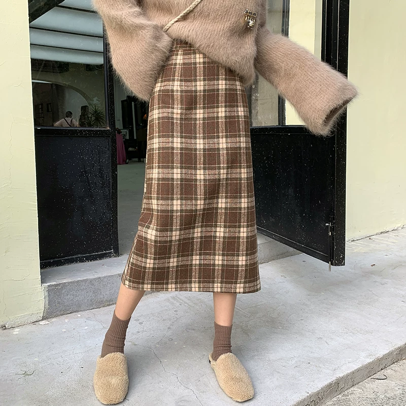 Váy midi len cỡ lớn dành cho nữ, mùa thu đông, cạp cao, xẻ tà, tôn dáng, dáng chữ A, kẻ sọc, kiểu bút chì.