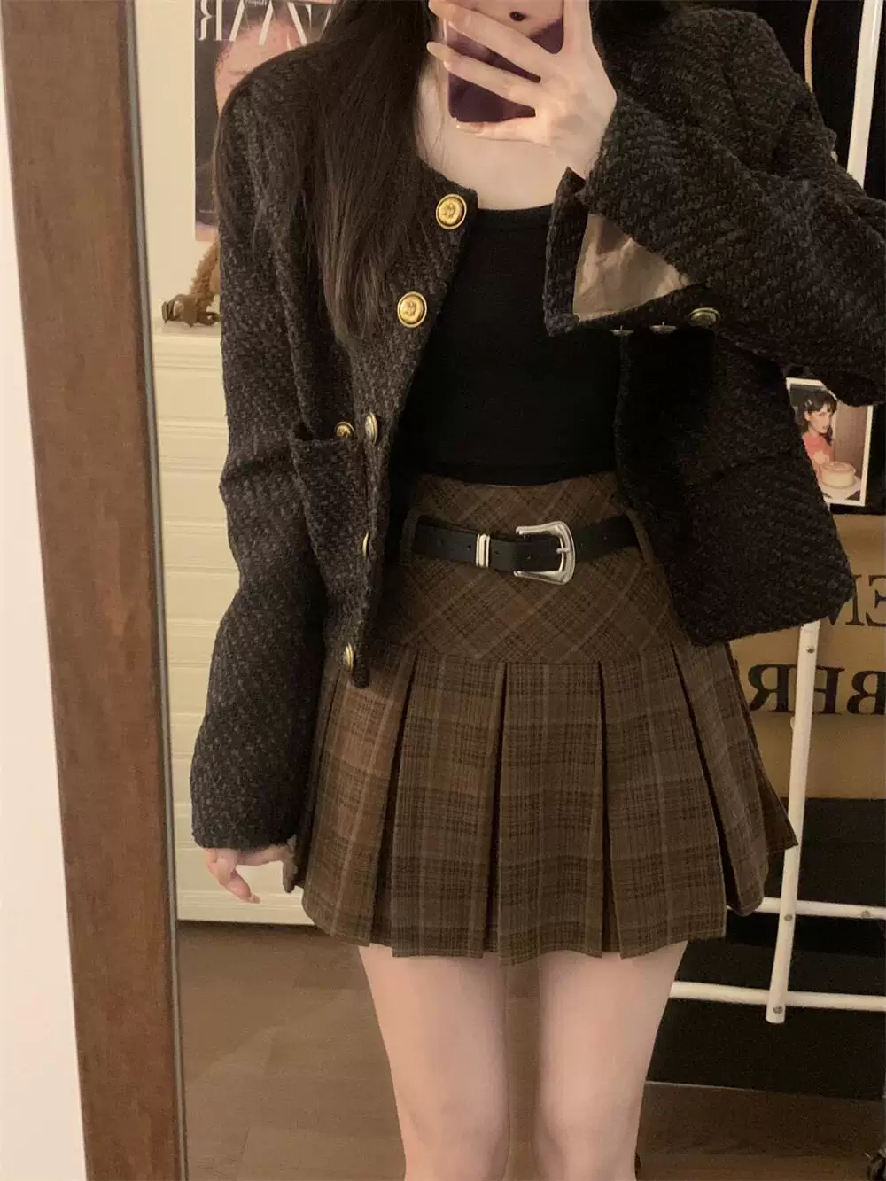 Váy kẻ sọc len cỡ lớn dành cho nữ, thiết kế thu đông, váy chữ A ôm hông, váy xếp ly chống lộ dành cho phụ nữ cỡ lớn, váy ngắn.