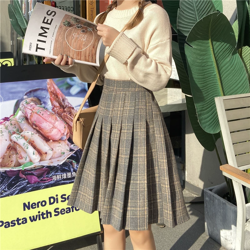 Váy xếp ly kẻ sọc kaki len cho nữ, váy ngắn dáng chữ A cạp cao, size lớn, dành cho người mũm mĩm, mùa thu đông, kiểu váy xòe