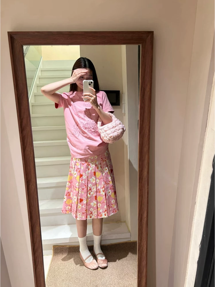 Váy hoa màu hồng cổ điển kiểu Mỹ dành cho nữ, váy chữ A cạp cao mùa hè, đa năng, che hông, váy xếp ly thon gọn, váy dài vừa phải