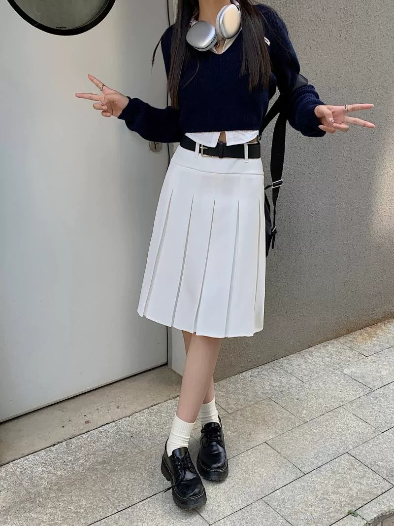 Váy xếp ly váy midi nữ cỡ lớn váy phong cách preppy mùa xuân hè 2023 váy chữ A che hông váy cao cấp màu xám