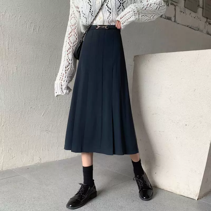 Váy midi xếp ly màu đen cỡ lớn dành cho nữ, mùa thu đông, váy dài che hông, váy bút chì dáng chữ A cạp cao giúp thon gọn dành cho phụ nữ có đường cong.