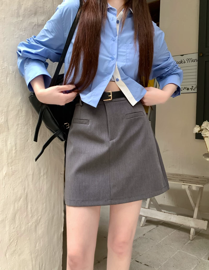 Váy ngắn kiểu vest màu xám dành cho nữ, mùa xuân hè, cỡ lớn, lưng cao, tôn dáng, nhỏ nhắn, dáng chữ A, ôm sát, cảm giác cao cấp, váy nửa thân.